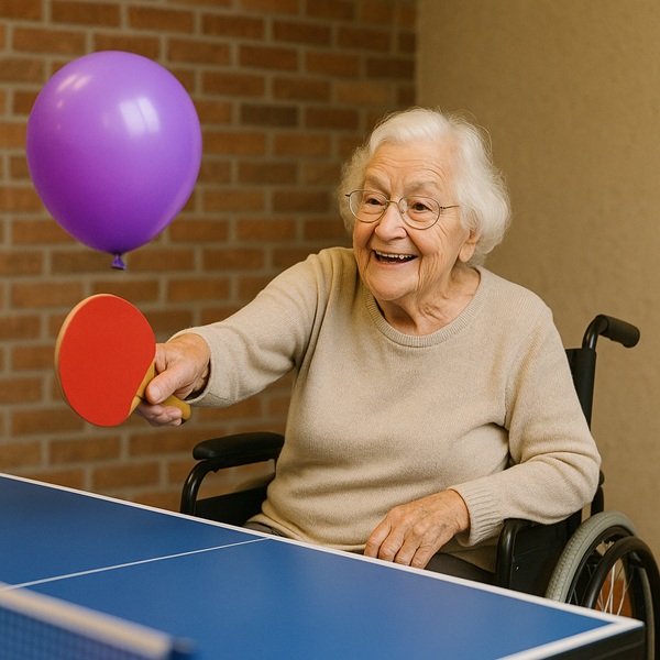 person with dementia engaged in a balloon activity using preserved abilities