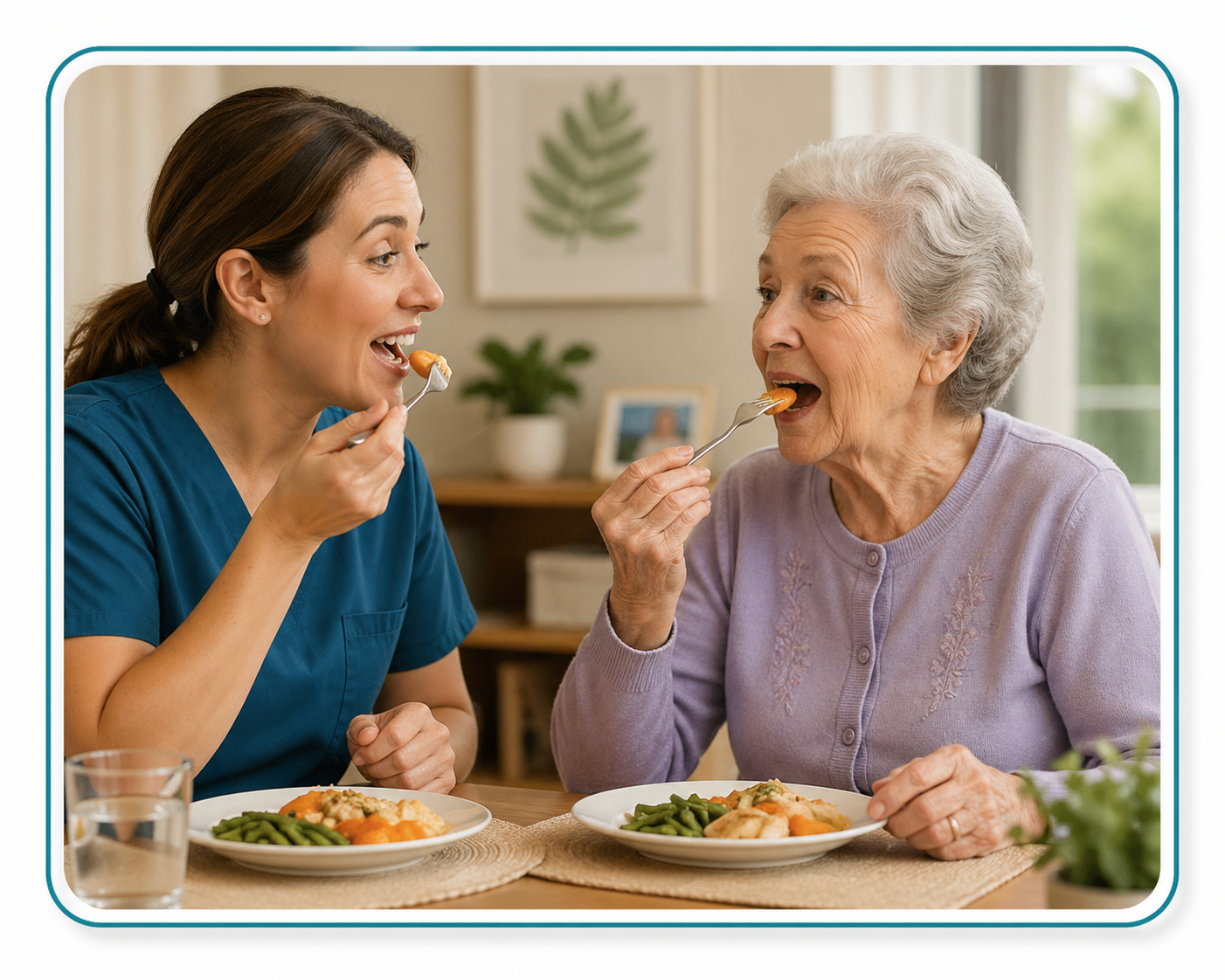 Mirroring Communication – Preserved Abilities Method Caregiver demonstrating eating while older adult mirrors the action during a meal