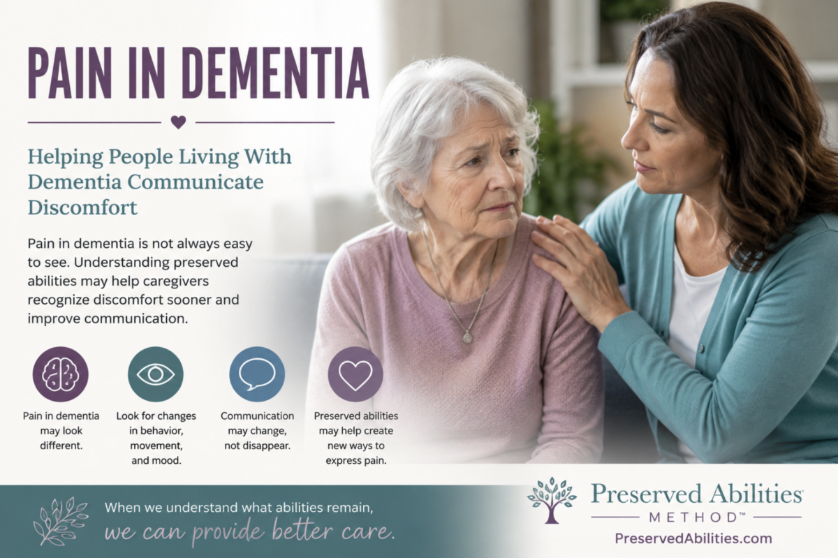Caregiver helping older adult with pain in dementia communication and preserved abilities support