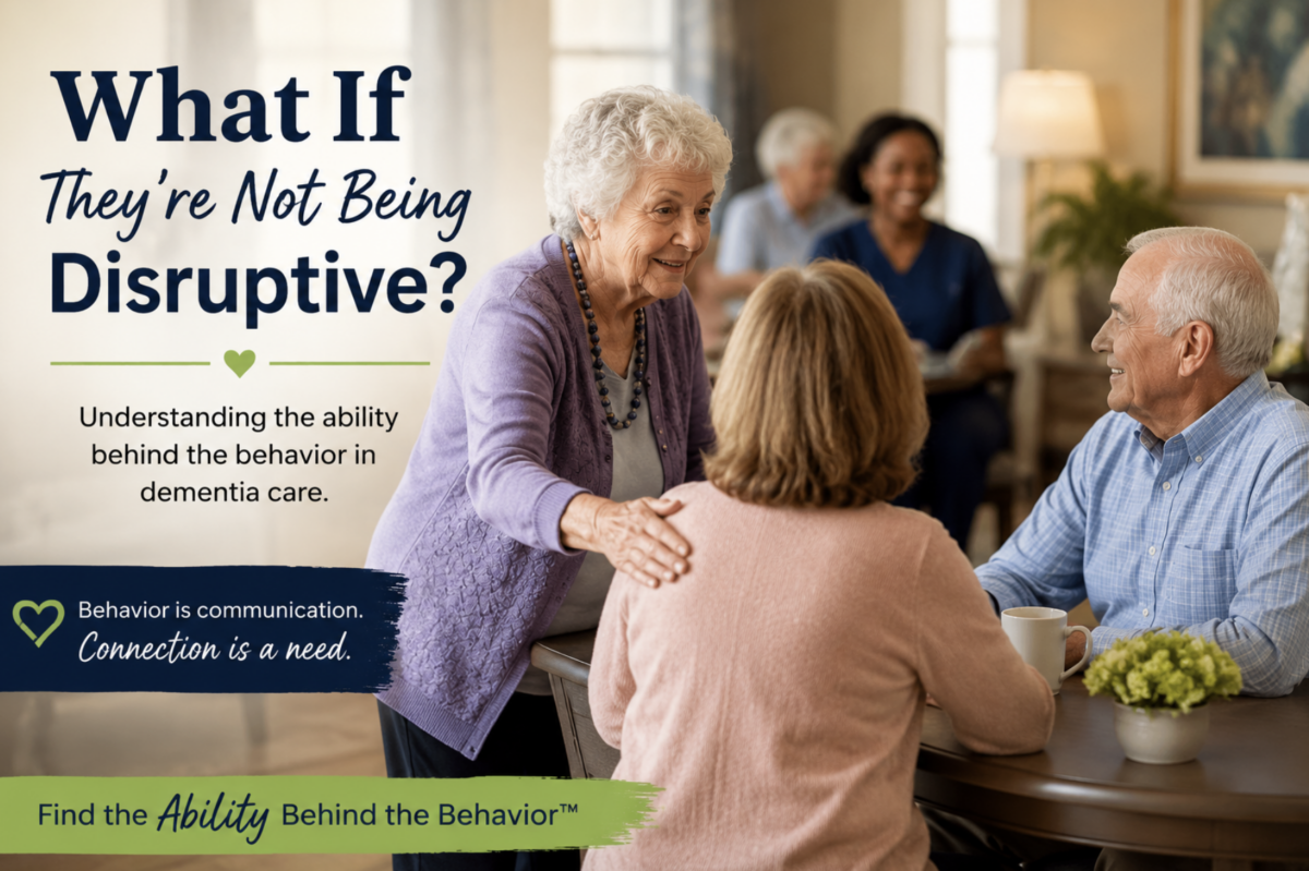 Older adult with dementia approaching and engaging with others in a care setting, illustrating how social behaviors may reflect preserved interpersonal abilities rather than disruptive behavior.