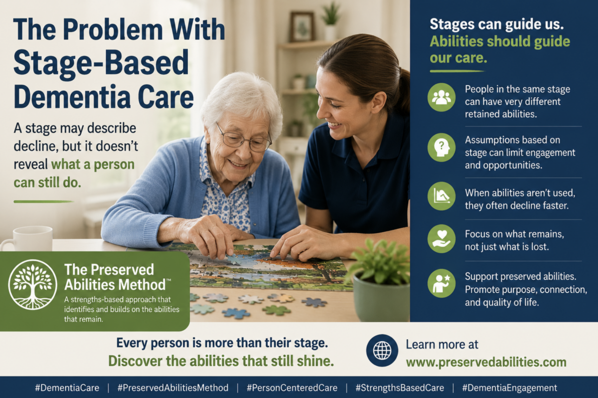 Older adult with dementia completing a puzzle with a caregiver, illustrating why dementia care should focus on preserved abilities rather than stage alone.