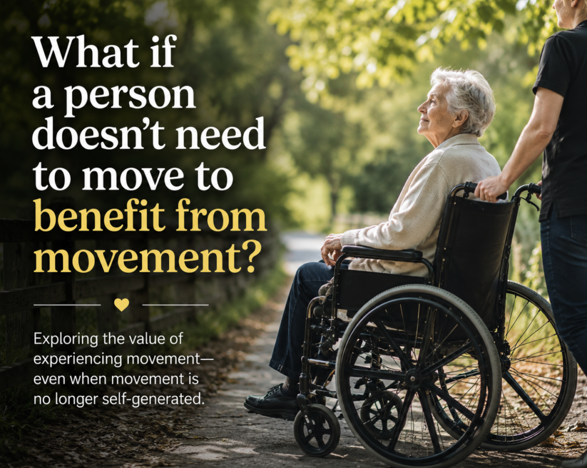 Person living with dementia in a wheelchair enjoying a walk outdoors, illustrating how experiencing movement may remain meaningful after mobility is lost.