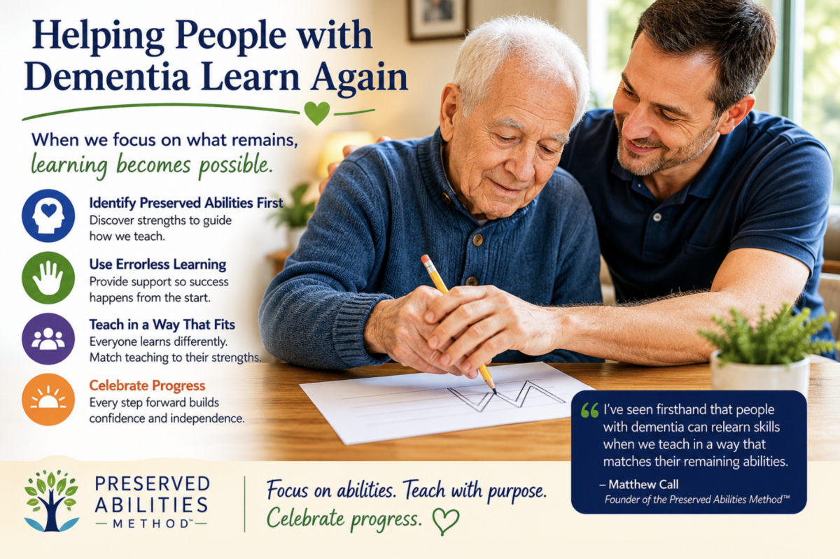 Caregiver using hand-over-hand guidance to help a person living with dementia practice a skill through errorless learning.