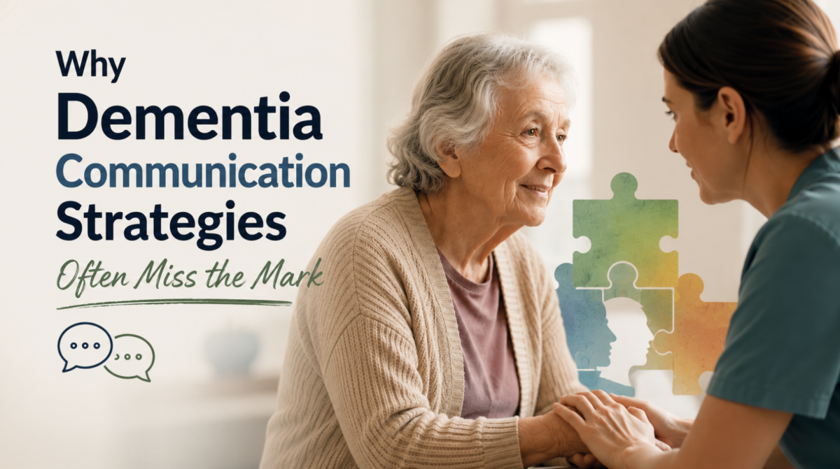 Caregiver communicating with an older adult living with dementia using a person-centered approach.