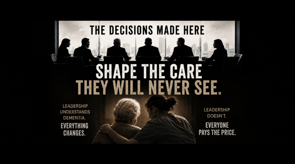 Executives in a boardroom making decisions that shape dementia care while a caregiver supports a person living with dementia.