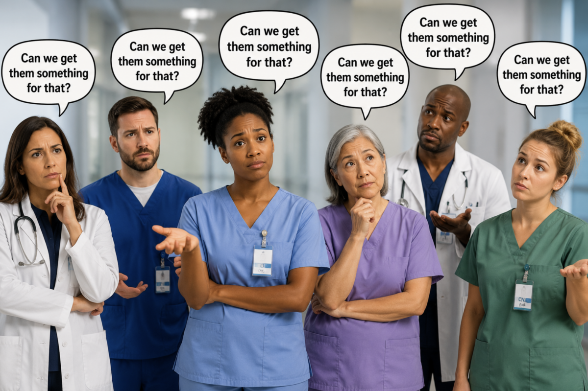 Healthcare professionals asking "Can we get them something for that?" illustrating the importance of understanding dementia behaviors before medication.